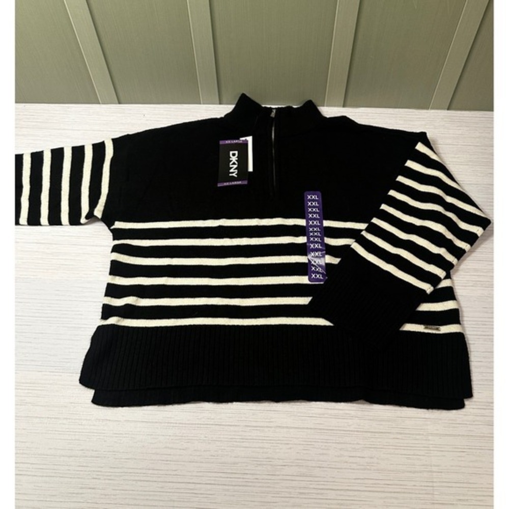 DKNY Womens Quarter Zip Striped Pullover Sweater Black Cream XXL DJ5RO975